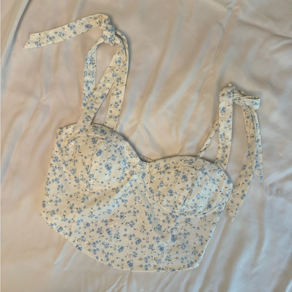 blue and white floral bustier top